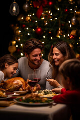 Obraz na płótnie Canvas Happy family eating festive Christmas dinner with kids at home, Christmas tree in background. Generative AI