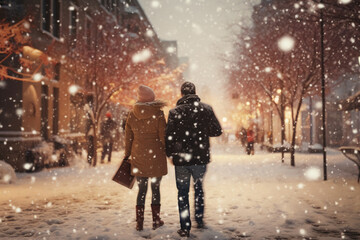 Obraz premium Two unrecognizable people are enjoying Heavy snowfall