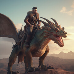 Naklejka premium Man Riding a Dragon, Made with Generative AI