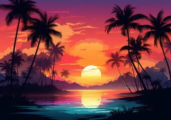 Fototapeta na wymiar sunset background of palm forest