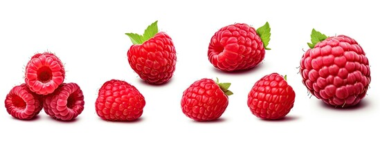 A collection of raspberry images with blank space for text, isolated and captured from various angles. The images can be used for antiviral treatment or coronavirus prevention messaging.