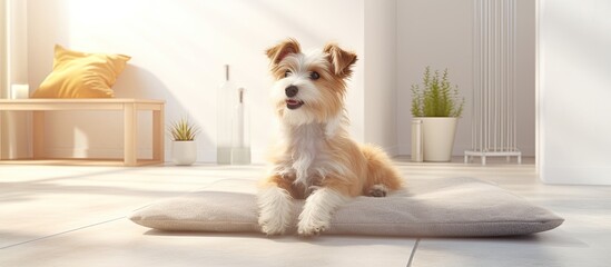Pet Care. A charming, calm dog of mixed breed resting on a refreshing mat during a hot summer day, with a white wall in the background. Ample room to add text.