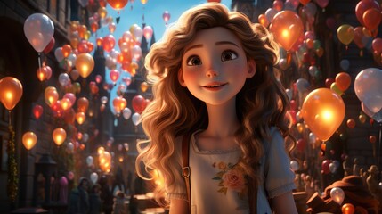 Obraz na płótnie Canvas A beautiful girl with long hair is standing in front of a street full of balloons. Generative AI