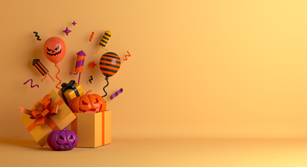 Happy Halloween decoration background with pumpkin jack o lantern, gift box, firework, balloon, copy space, 3d rendering illustration