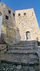 skiros or skyros island church on the tiop of the hill of chora in the castle greece