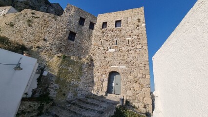 skiros or skyros island church on the tiop of the hill of chora in the castle greece