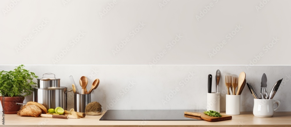 Leinwandbilder a front view image of a modern kitchen with various kitchen utensils placed on a clean white counter