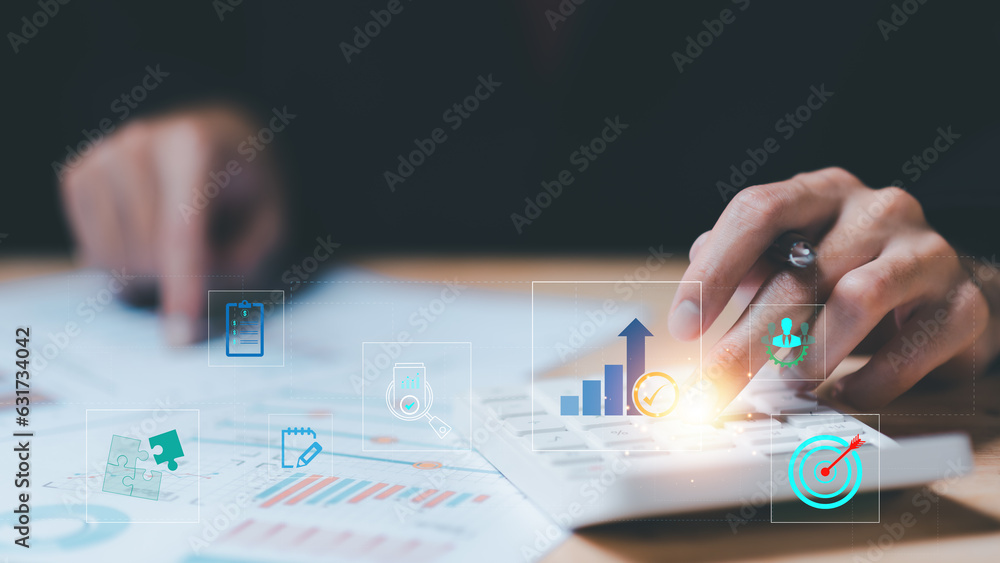 Poster statistical analyst reading graph report and business statistics charts ,Analysis and improvement of corporate strategy ,manage financial and marketing documents , Statistics and Data Concepts