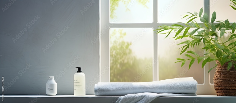 Poster background with a window and a display of spa towel, soap dispenser, and plant leaves.