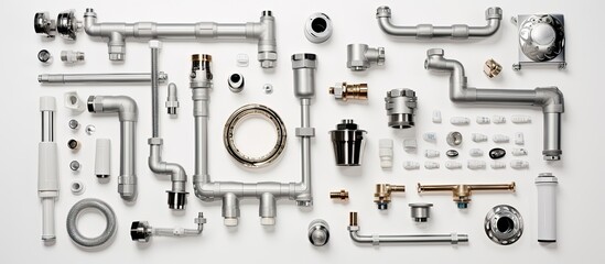 A collection of plumbing fixtures for a bathroom or shower is presented on a white background. is taken from a top-down perspective, providing a flat lay view. empty space available for adding text.