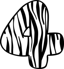 Cute Zebra Number Four Doodle for Kids. safari Hand Drawn Outline Illustration.