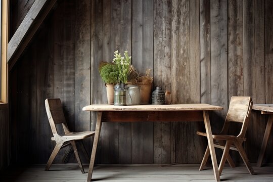 A quiet sitting corner outside with a chair and table.A wooden rustic chalet on the mountains.