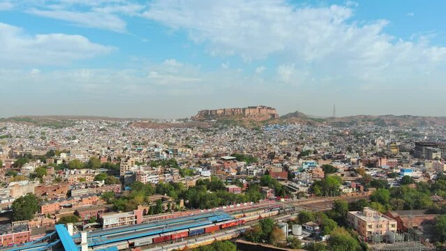 Jodhpur, India: Aerial view of city in Rajasthan, iconic landmark Mehrangarh Fort - landscape panorama of South Asia from above