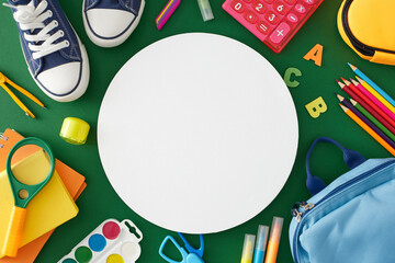 Embracing a new educational adventure. Top view photo of assorted colorful school supplies, pair of sneakers, schoolbag, colorful letters on green background with blank circle for advert or text