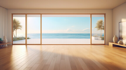 Empty apartment room with wooden floor of beach house. Sea view from windows. Copy space. Generative AI