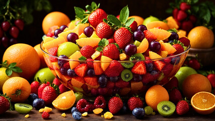 Obraz na płótnie Canvas Fruit salad overflowing with oranges, berries, grapes and kiwi in glass bowl with black background and wooden surface, AI Generative