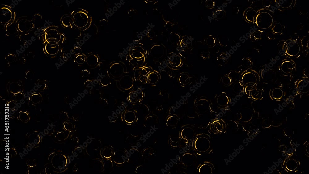 Poster beautiful loop falling gold ring circle on black abstract background. isolate using quicktime alpha 