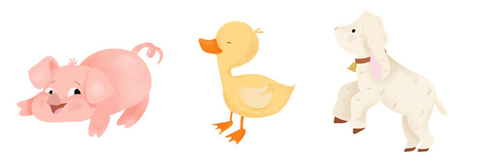 Obraz premium Cute little baby animals set, Vector, Watercolor. Piggy, ducking and lamb. Printable colorful postcard, invitation, poster, sticker, baby shower elements