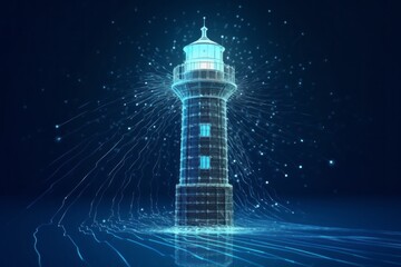 Abstract information transmission tower or lighthouse as a symbol. Background with selective focus and copy space