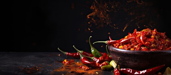 Spicy condiment made with a mixture of fresh hot peppers, dry chili flakes, and spicy oil, displayed on a dark background with copy space. - obrazy, fototapety, plakaty