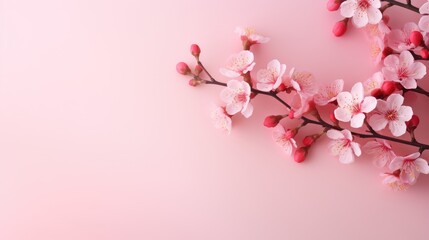 Beautiful cherry blossom branch on pink background. Copy space.