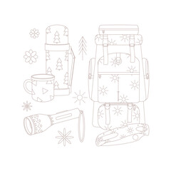 Camping and hiking set, drawn elements — thermos, backpack, flashlight, knife.