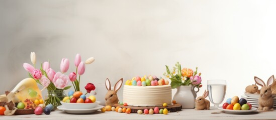 Obraz na płótnie Canvas A Happy Easter holiday greeting card background with a delicious glazed cake, a basket of colorful eggs, ceramic rabbits, and spring flowers on a white kitchen table. also space to copy and add your