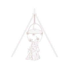 Bonfire, cauldron. Drawn elements for camping and hiking. Wilderness survival, travel, hiking, outdoor recreation, tourism.
