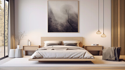 An inviting, sophisticated, and minimalist bedroom with luxurious elements, tastefully arranged to create a calming and serene ambiance.
