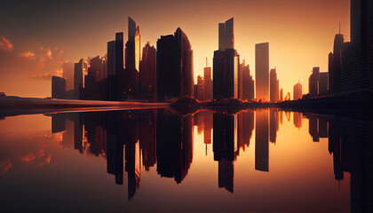 Fototapeta na wymiar Cityscape skyline modern city at sunset with reflection over river, sunset over the city, Ai generated image 