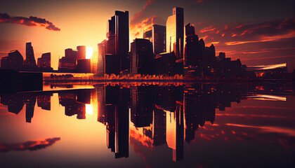 Cityscape skyline modern city at sunset with reflection over river, sunset over the city, Ai generated image 