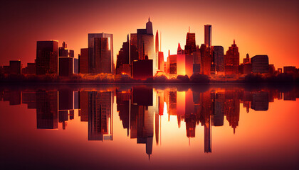 Fototapeta na wymiar Cityscape skyline modern city at sunset with reflection over river, sunset over the city, Ai generated image 