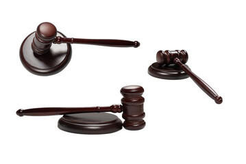 Wooden judge gavel and soundboard isolated on a white background.
