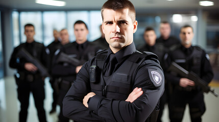 policeman at the police station A confident policeman standing with his arms crossed, looking at the camera with a team in the background. Generative AI