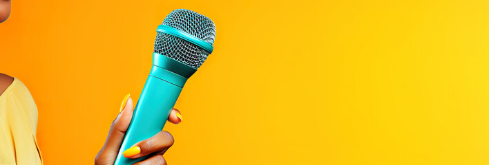 Holding microphone against colorful background - obrazy, fototapety, plakaty