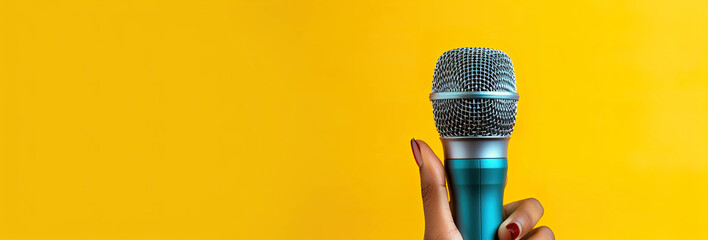 Holding microphone against colorful background