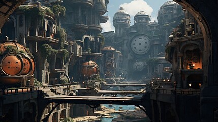 Steam train in the mountains. AI generated art illustration.