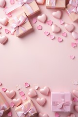 Valentine's day background with and pink hearts and gift box. created by generative AI technology.