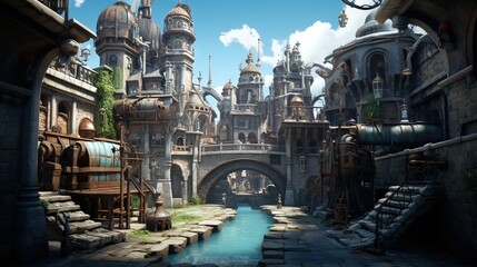 Steam train in the mountains. AI generated art illustration.