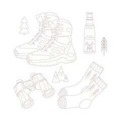 Camping and hiking set, drawn elements — footwear, socks, mosquito, spray, binoculars.