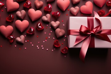 Gift box with red ribbon and hearts on a dark background. created by generative AI technology.