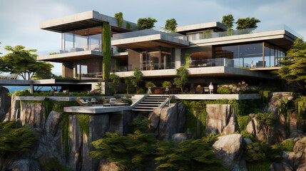 Fototapeta na wymiar Luxury contemporaty villa on a mountain hill with a view on ocean. Generative AI