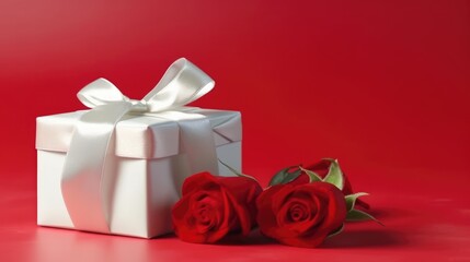 Gift box and red roses on red background. Valentine's Day created by generative AI technology.