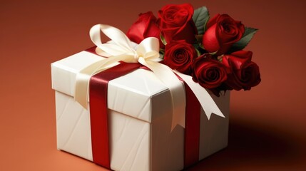 Valentine's day red background with gift boxes and rose. created by generative AI technology.