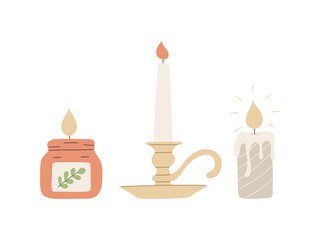 Burning wax candles in candle holder, jar. A symbol of coziness, religion, celebration, esotericism, spiritualism, studying. Flat cartoon color vector illustration isolated on a white background