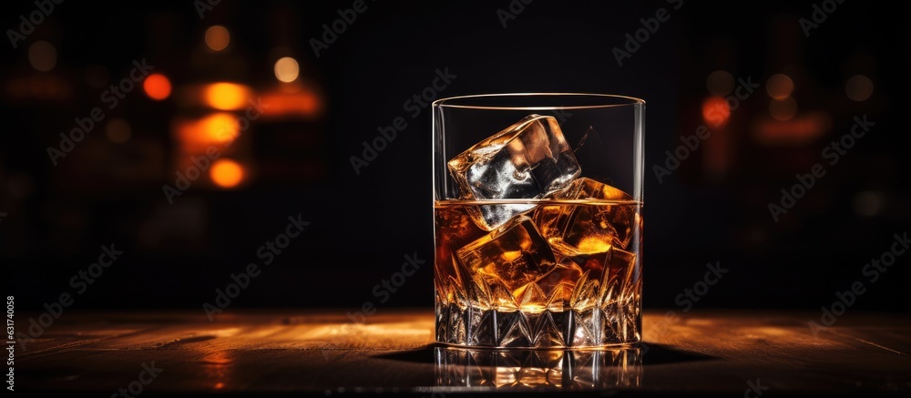 Aufkleber an artistic representation of a glass of sophisticated whiskey with ice cubes on a bar counter, set 