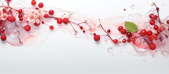 An elegant summer drink concept is displayed in the image, featuring a floral decoration on a white background with abstract red highlights. The old-fashioned cocktail is showcased