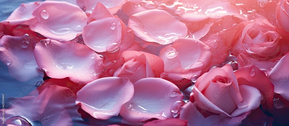 Poster a close-up image of beautiful rose petals with a drop floating on the surface of the water. suitable