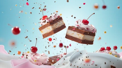 a clean detailed studio photo of layered cake slices with whipped cream and cherry flying in the air on pastel  gradient background. Food ingredient levitation.