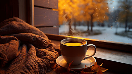 Cup of hot autumn coffee or tea on the window. Living in Hygge style. Hot drink in cold autumn fall weather halloween